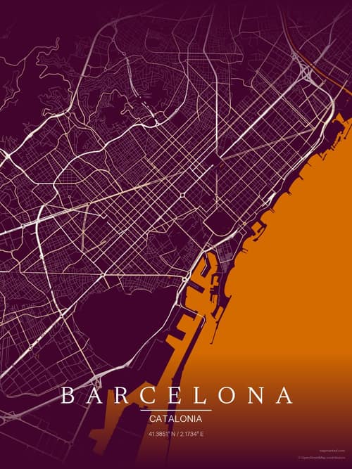 Barcelona map art print in Cafe Night — minimalist city map poster