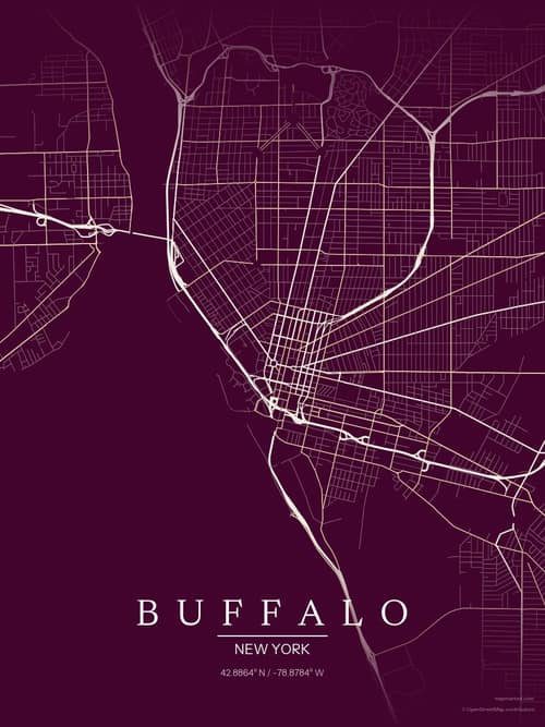 Buffalo map art print in Cafe Night — minimalist city map poster