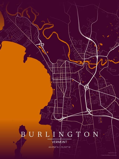 Burlington map art print in Cafe Night — minimalist city map poster