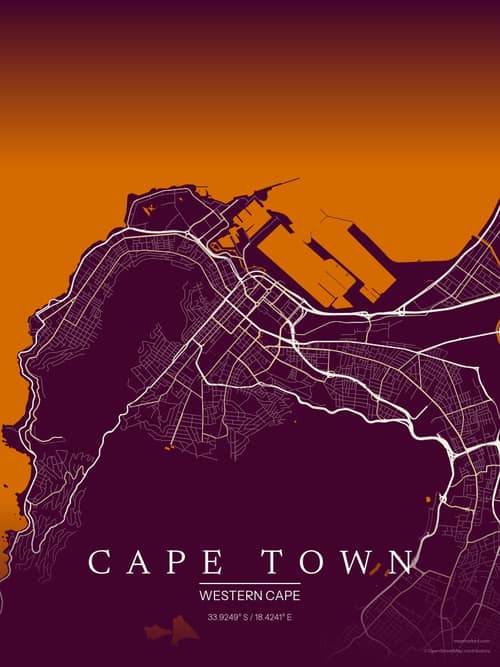 Cape Town map art print in Cafe Night — minimalist city map poster