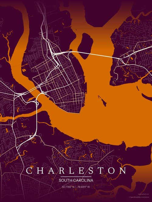 Charleston map art print in Cafe Night — minimalist city map poster