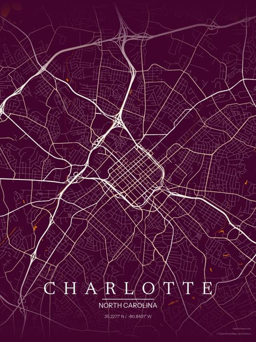 Charlotte map art print in Cafe Night — minimalist city map poster