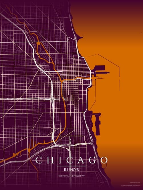Chicago map art print in Cafe Night — minimalist city map poster