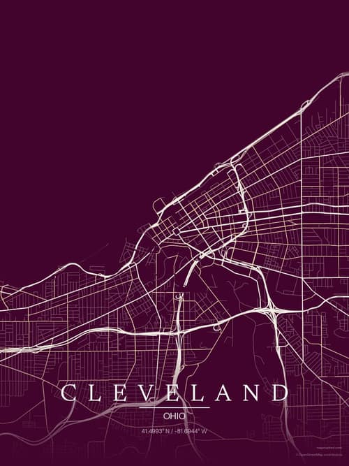 Cleveland map art print in Cafe Night — minimalist city map poster
