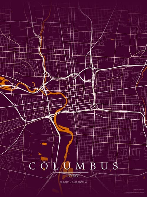 Columbus map art print in Cafe Night — minimalist city map poster