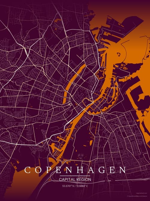 Copenhagen map art print in Cafe Night — minimalist city map poster