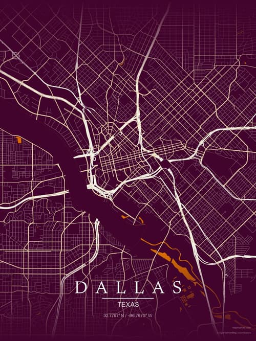 Dallas map art print in Cafe Night — minimalist city map poster