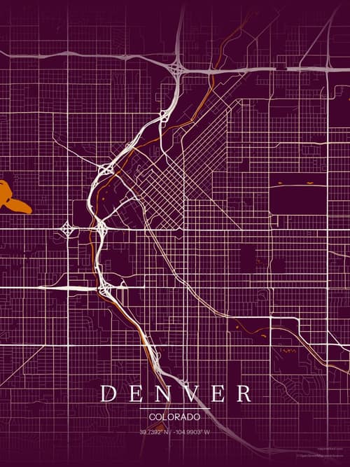 Denver map art print in Cafe Night — minimalist city map poster