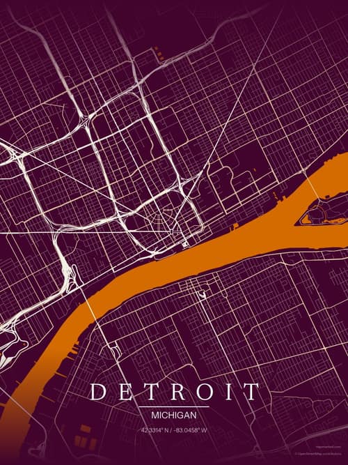 Detroit map art print in Cafe Night — minimalist city map poster