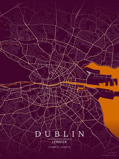 Dublin map art print in Cafe Night — minimalist city map poster
