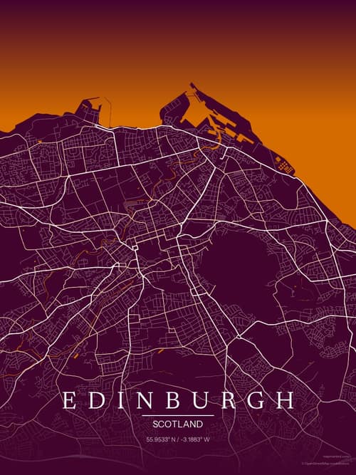 Edinburgh map art print in Cafe Night — minimalist city map poster