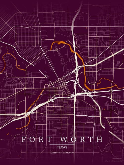 Fort Worth map art print in Cafe Night — minimalist city map poster