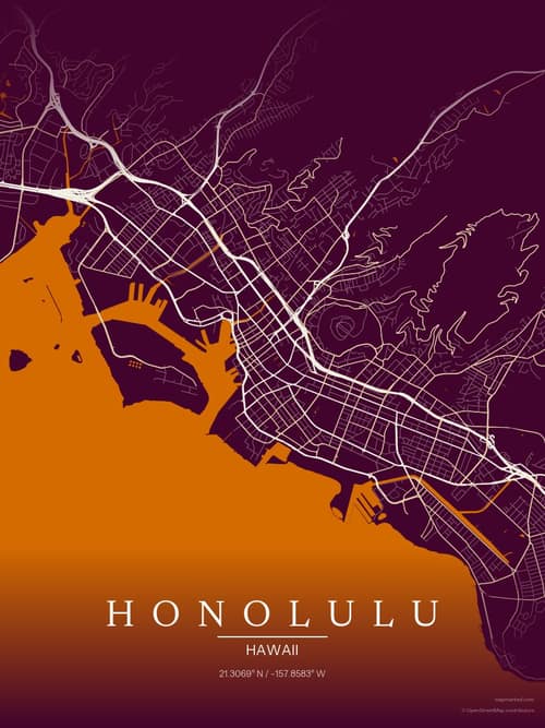Honolulu map art print in Cafe Night — minimalist city map poster