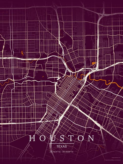 Houston map art print in Cafe Night — minimalist city map poster