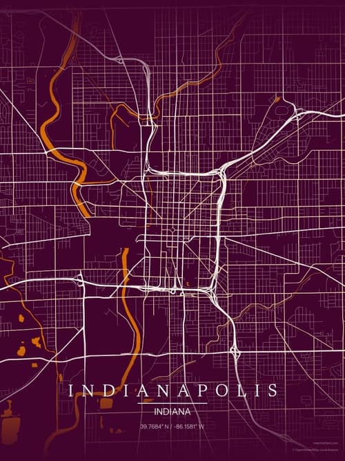 Indianapolis map art print in Cafe Night — minimalist city map poster