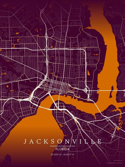 Jacksonville map art print in Cafe Night — minimalist city map poster