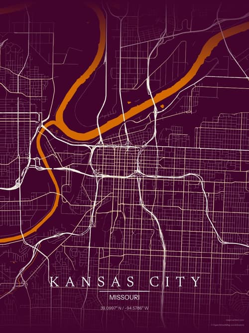 Kansas City map art print in Cafe Night — minimalist city map poster
