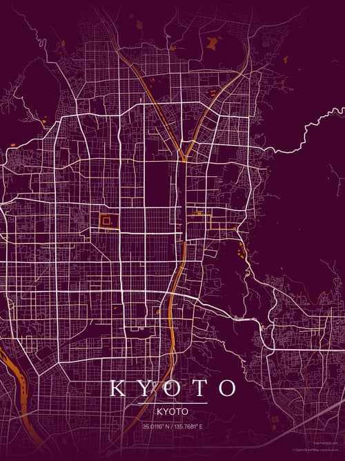 Kyoto map art print in Cafe Night — minimalist city map poster