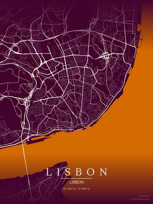 Lisbon map art print in Cafe Night — minimalist city map poster