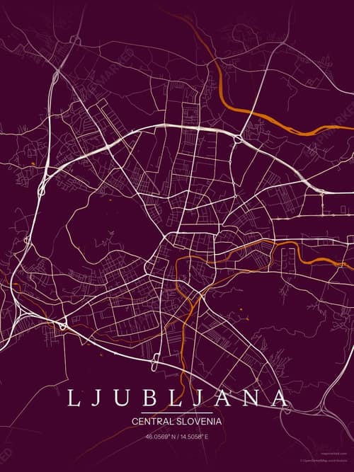 Ljubljana map art print in Cafe Night — minimalist city map poster