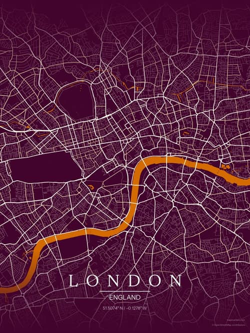 London map art print in Cafe Night — minimalist city map poster