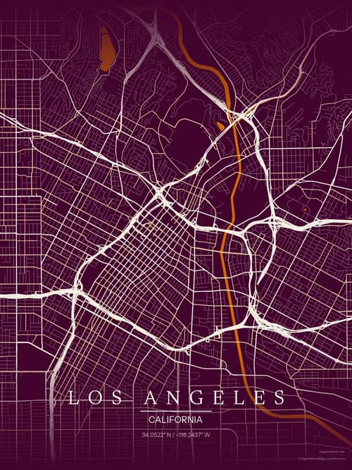 Los Angeles map art print in Cafe Night — minimalist city map poster