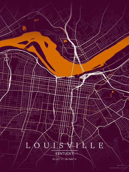 Louisville map art print in Cafe Night — minimalist city map poster