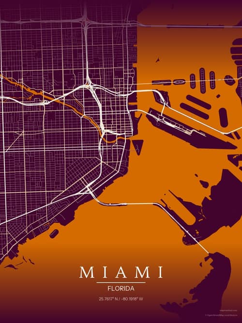 Miami map art print in Cafe Night — minimalist city map poster