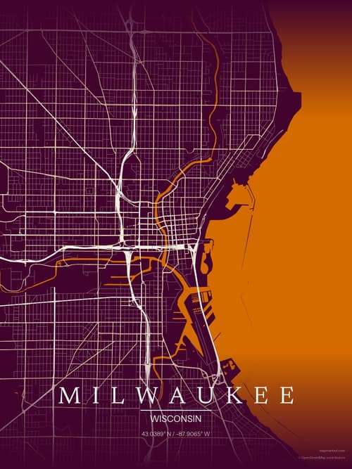 Milwaukee map art print in Cafe Night — minimalist city map poster