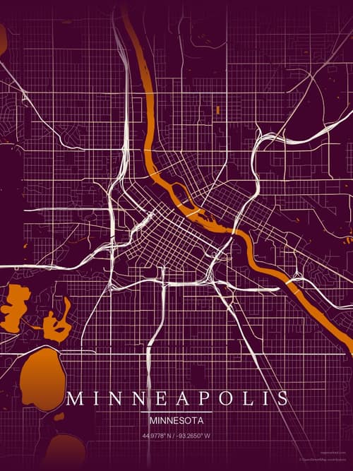 Minneapolis map art print in Cafe Night — minimalist city map poster