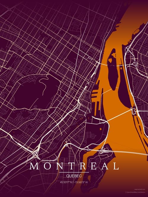 Montreal map art print in Cafe Night — minimalist city map poster