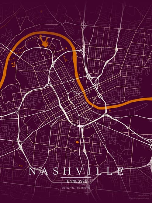 Nashville map art print in Cafe Night — minimalist city map poster
