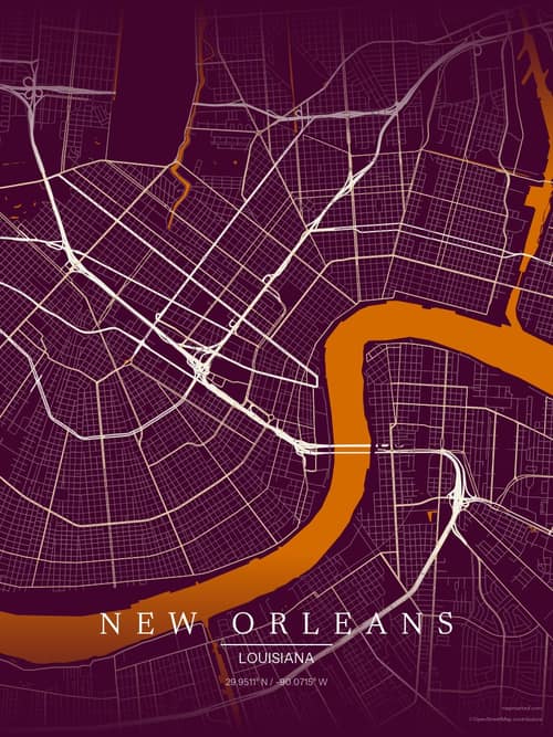 New Orleans map art print in Cafe Night — minimalist city map poster