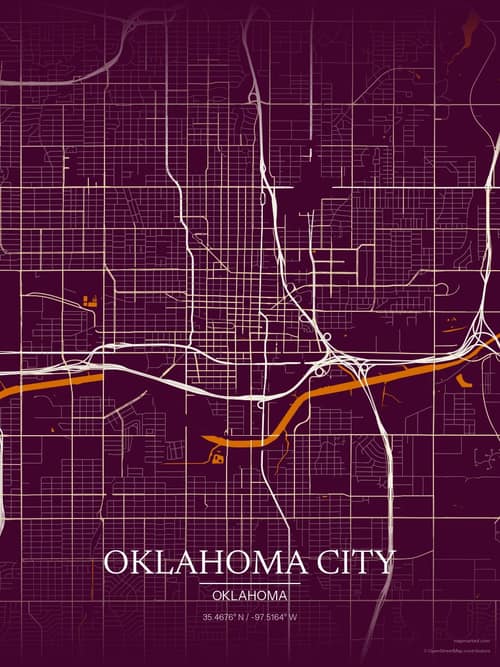 Oklahoma City map art print in Cafe Night — minimalist city map poster