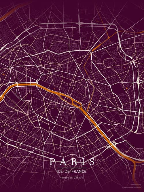 Paris map art print in Cafe Night — minimalist city map poster