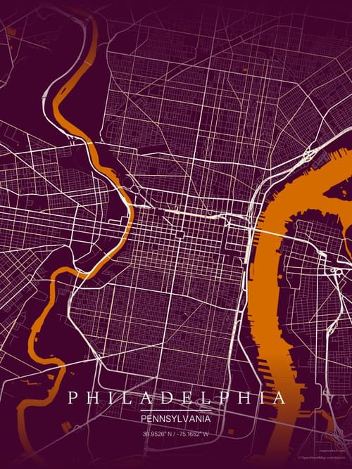 Philadelphia map art print in Cafe Night — minimalist city map poster