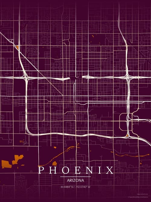 Phoenix map art print in Cafe Night — minimalist city map poster