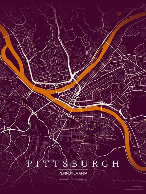 Pittsburgh map art print in Cafe Night — minimalist city map poster