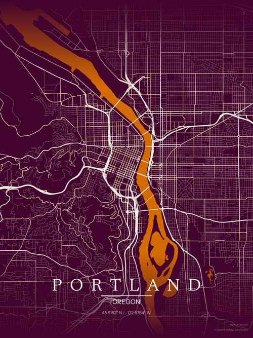 Portland map art print in Cafe Night — minimalist city map poster