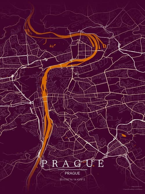Prague map art print in Cafe Night — minimalist city map poster