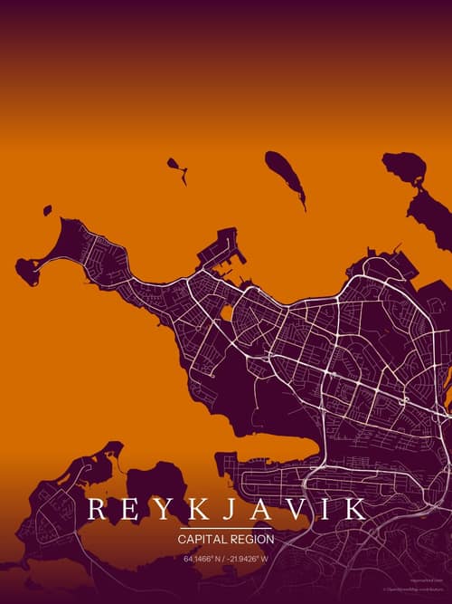 Reykjavik map art print in Cafe Night — minimalist city map poster