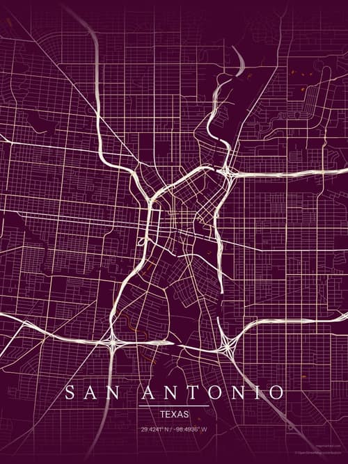 San Antonio map art print in Cafe Night — minimalist city map poster