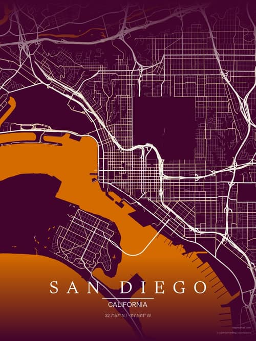 San Diego map art print in Cafe Night — minimalist city map poster