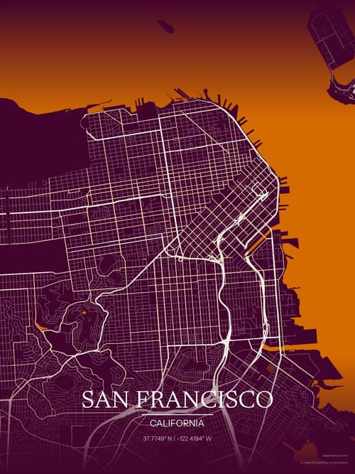 San Francisco map art print in Cafe Night — minimalist city map poster