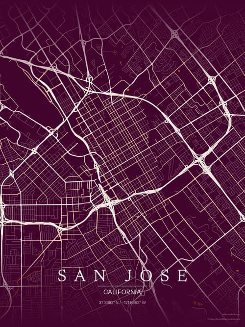 San Jose map art print in Cafe Night — minimalist city map poster