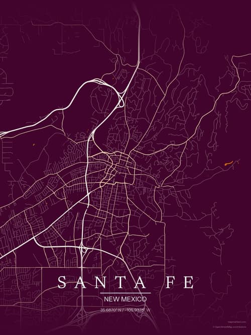 Santa Fe map art print in Cafe Night — minimalist city map poster