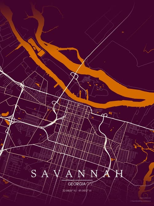 Savannah map art print in Cafe Night — minimalist city map poster