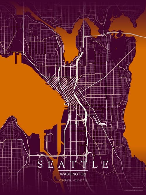 Seattle map art print in Cafe Night — minimalist city map poster