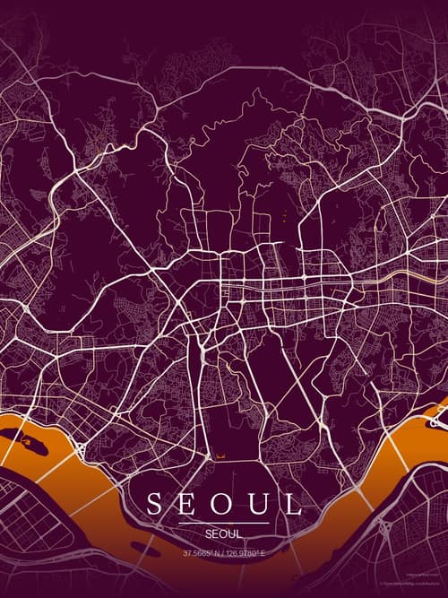 Seoul map art print in Cafe Night — minimalist city map poster