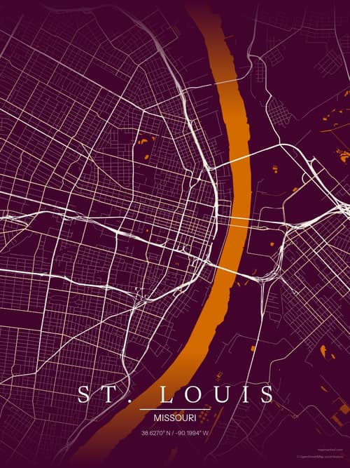 St. Louis map art print in Cafe Night — minimalist city map poster